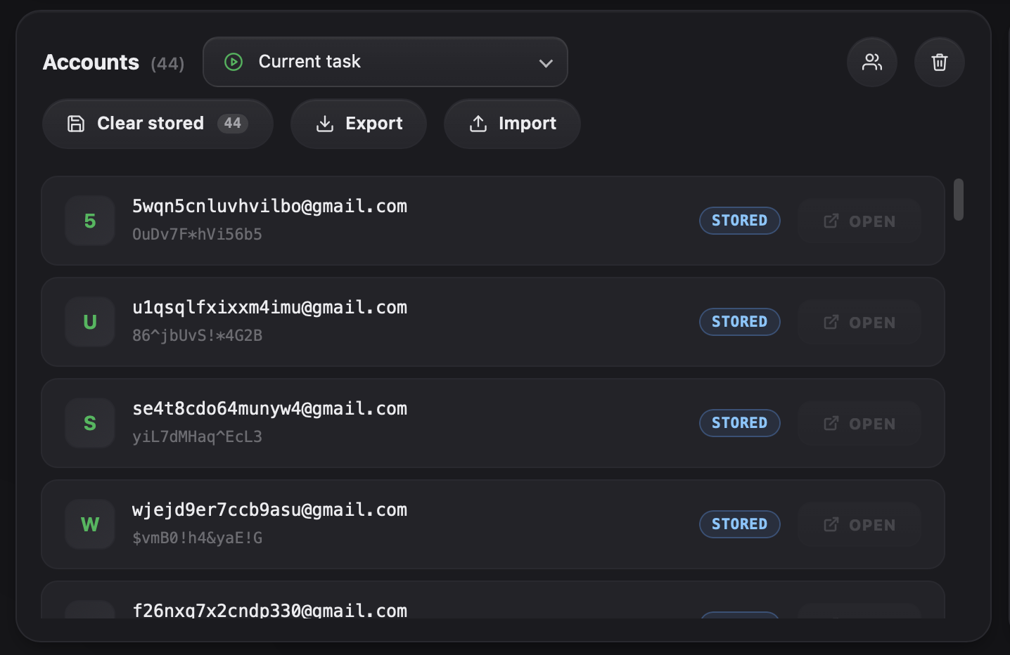 AppTools account manager with list controls and export options