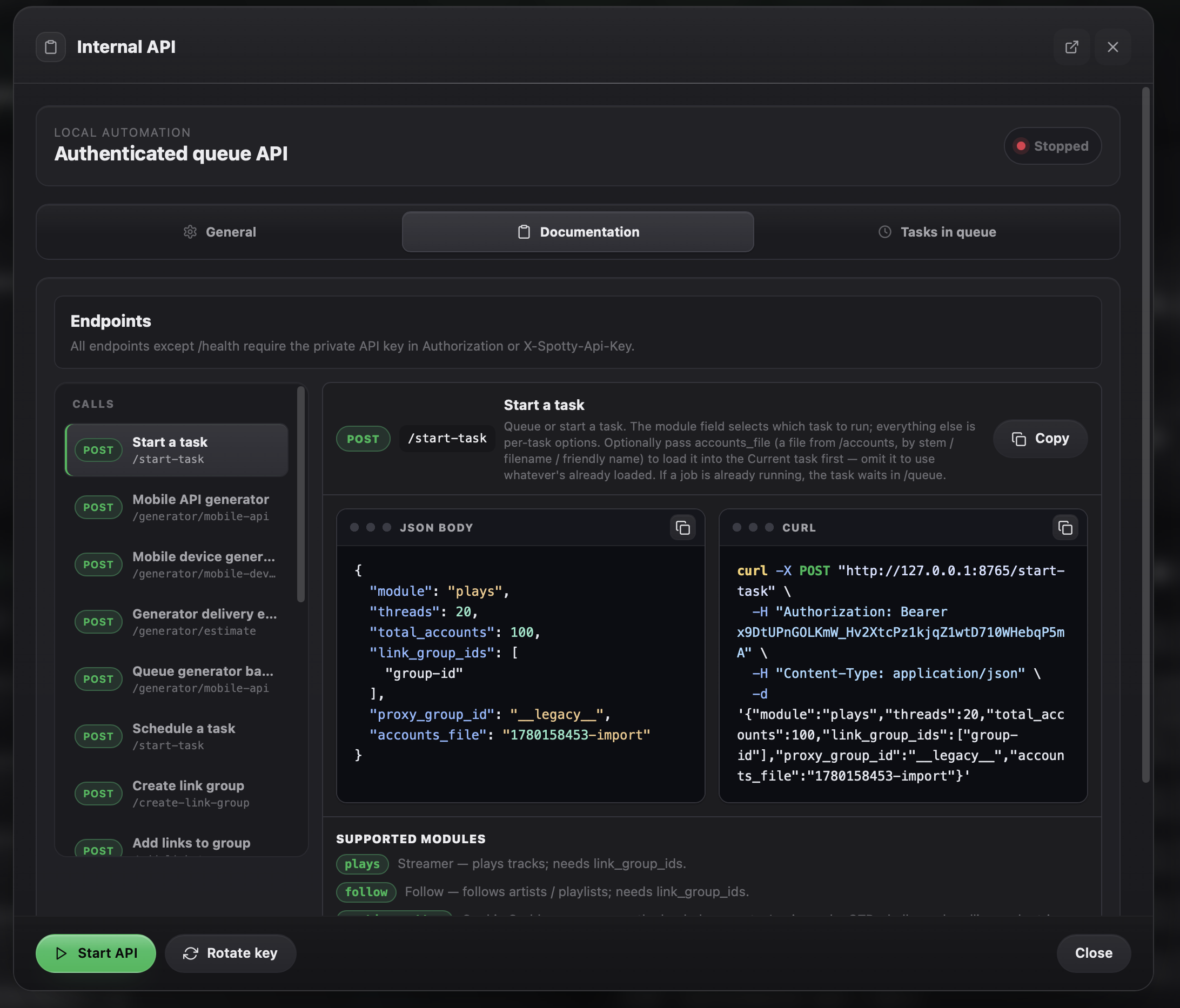AppTools Internal API documentation and remote task controls