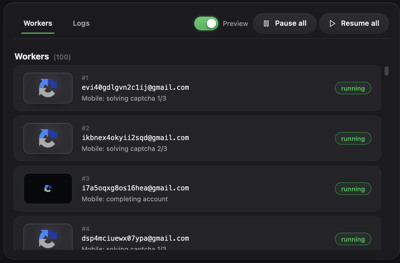 Live workers showing ongoing processes, steps, and statuses